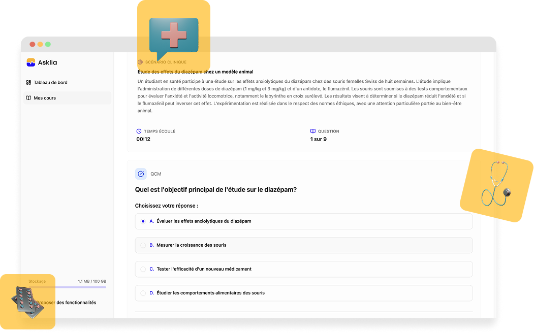 Interactive demonstration of Asklia interface showing automatic generation of clinical cases and intelligent flashcards for health students